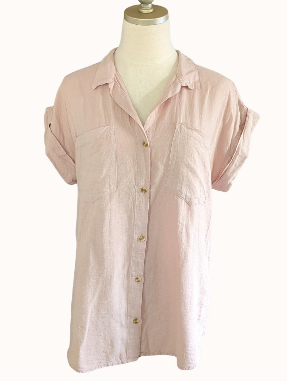 Thread & Supply Linen Rayon Blend Relaxed Fit Button Front Short Sleeve Blouse